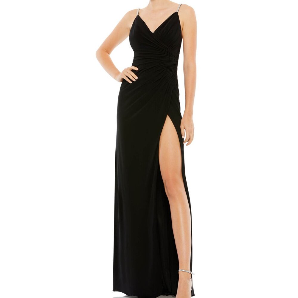 Mac Duggal 26695 Black Spaghetti Straps High Slit Dress Size 10